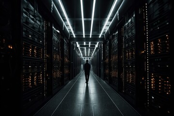 Illustration of a man standing in a dark server room filled with blinking lights and computer equipment created using generative AI