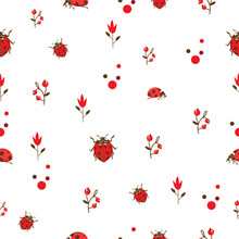 Seamless Pattern Of Ladybug With Red Flowers.
