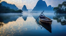 Sunset On The River. Early Morning Beautiful Landscape With A Bamboo Board. Boat On The River. Misty Morning On The Lake. Canoe On The Lake. 