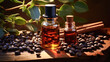 coffee beans and a bottle of coffee essential oil, symbolizing the connection between the raw material and its concentrated aromatic essence, highlighting their shared aroma. AI generated