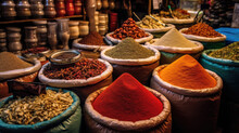 An Overhead Shot Of A Spice Shop Counter, Showcasing An Arrangement Of Small Bags And Jars Filled With Various Spices, Allowing Customers To Curate Their Own Unique Blends And Flavors. AI Generated