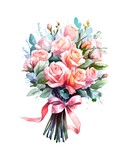 Fototapeta Kwiaty - Bouquet of pink roses tied with pink ribbon on white background in watercolor style. Generative AI.