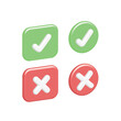 © M.IVA - Volumetric 3D buttons in form of circle and square with icons, check and cross symbols. Vector, positive, negative sign in red, green. Choice of options. Good, wrong mark. Yes or no. Okay.