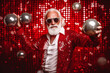 © VICHIZH - fun man glasses background trendy santa red party holiday celebration new christmas. Generative AI.