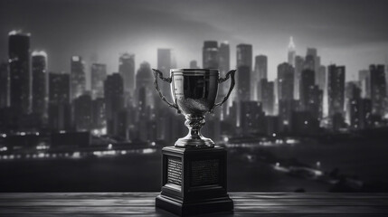 Black and white trophy with city background. Success and achievement concept. Sport game and award theme. Monochrome color theme., Generative Ai