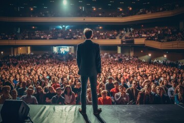 Motivational speaker in a suit with a headset on the stage, rear view. The professor speaks to the audience.Generative AI. 