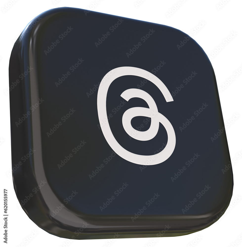 3D rendering of a square badge with the Threads icon, the new social ...