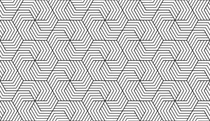 Vector geometric seamless pattern with black hexagon shape and striped lines on white background illustration.