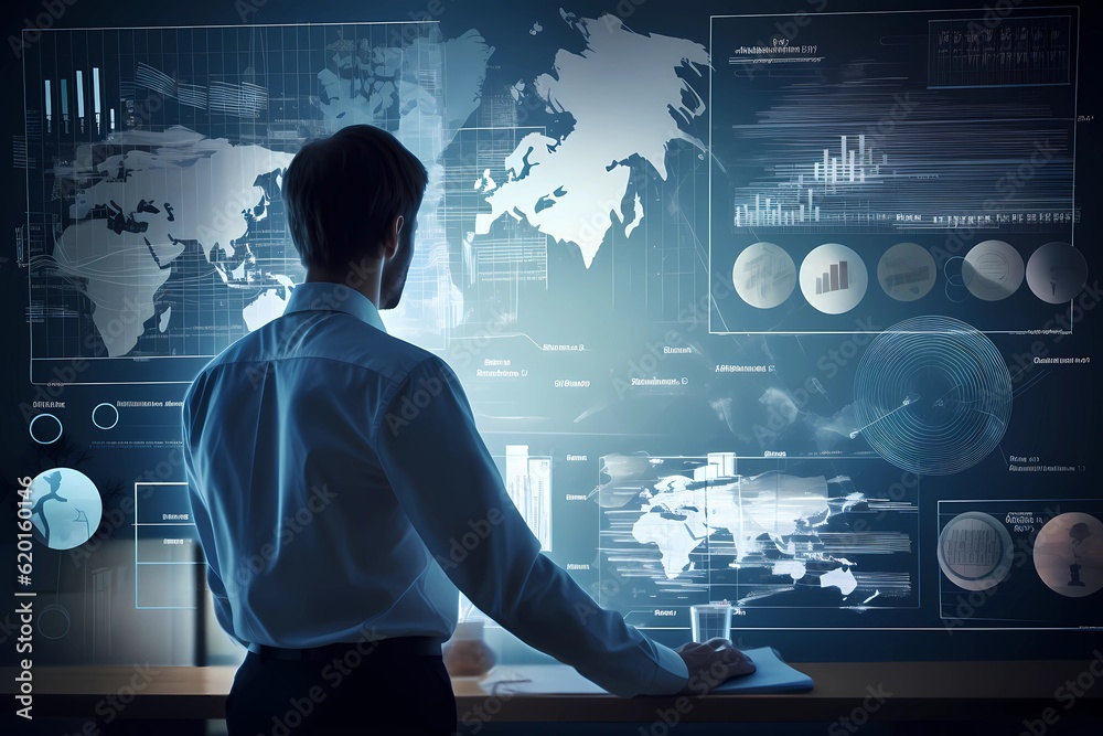 Businessman looking at big screen with business charts, bars, graphs ...