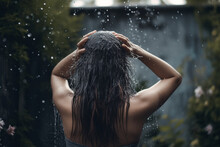 A Girl With Long Hair Holds Her Head With Her Hands During Heavy Rain And Wind.back View.Generative AI
