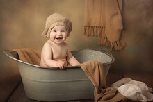 Bath Time, Cute Smiling Baby Wearing A Cap Sitting In A Vintage Zinc Bathtub