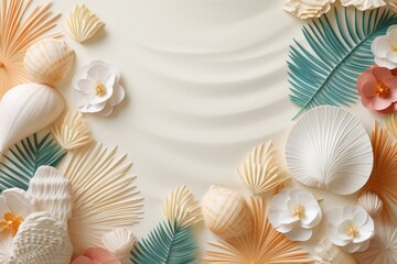 Background for final summer discount sales. Sandy beach with sea shells and palm leaves.