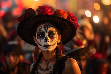 A woman on a Mexican street during the Day of the Dead with her face painted. Created with Generative Ai technology.