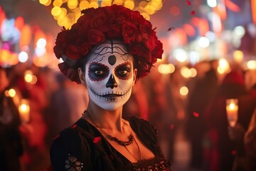 A woman on a Mexican street during the Day of the Dead with her face painted. Created with Generative Ai technology.
