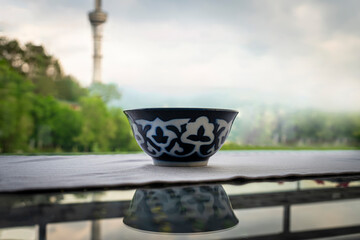 fermented milk products in a bowl on table in a restaurant in Kazakhstan. National Asian cuisine