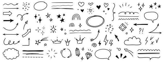 sketch line arrow element, star, heart shape. hand drawn doodle sketch style circle, cloud speech bu