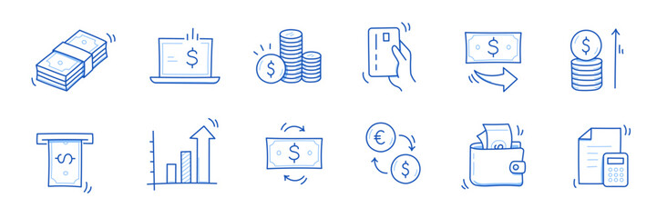 Money cash, coin business doodle icon set. Dollar coin, money profit doodle line sketch business inflation, cash payment. Financial profit, growth icon. Outline editable stroke. Vector illustration