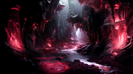 Wall Mural - He sees a magnificent waterfall cascading into a ruby-encrusted cave.