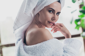 Sticker - Portrait of gorgeous lady wear head turban fluffy bathrobe open shoulder doing morning procedures after shower teasing eyes indoors