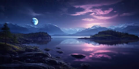 Wall Mural - AI Generated. AI Generative. Outdoor nature landscape adventure vacation evening nigh lake with moutaine background. Graphic Art