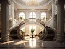 3D Rendering Of The Interior Of A Luxury Hotel With A Staircase