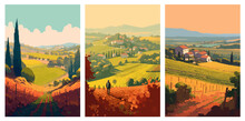 Vineyard Farm Village Landscape Flat Colors Posters. Vector Illustration For Social, Banner Or Card.