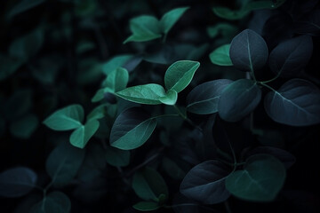 Dark moody green leaves summer background. Ai generated