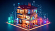 3d isometric illustration of a house on a background of neon lights