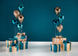 3D interior render with blue and golden balloons, gift boxes. Dark glossy composition with empty space for birthday, party or product promotion social media banners, text. Poster size illustration.