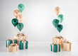 3D interior render with green and golden balloons, gift boxes. Pastel glossy composition with empty space for birthday, party or product promotion social media banners, text. Poster size illustration.