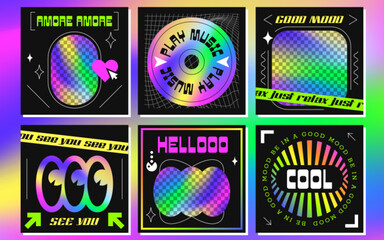 Fototapete - Trendy social media post templates with abstract geometric shapes, acid labels in y2k style. Vintage banners with neon copy space for photo or text. Set of holographic groovy elements and symbols.