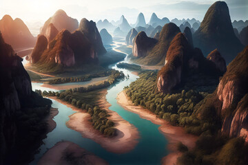 Wall Mural - China landscape with mountains and river. Generative AI Art. Beautiful view.