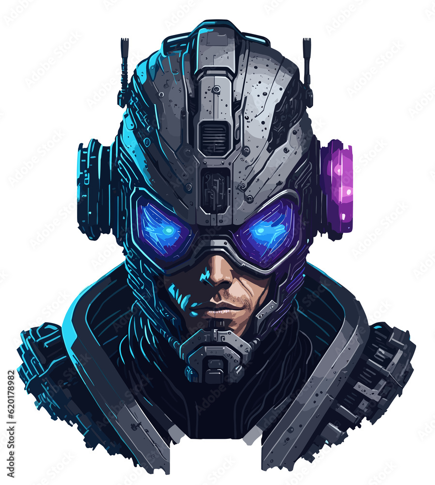 Futuristic cyborg head with neon lights illustration (Generative AI ...