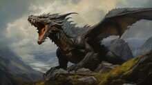 Fierceblack Dragon On Mountain Ridge, Generative Ai