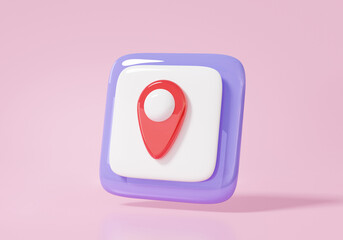 Fototapete - Pin pointer icon symbol and technology map location search GPS, travel navigation concept. banner, website, on pink background. Minimal cartoon style cute smooth. 3d rendering. illustration