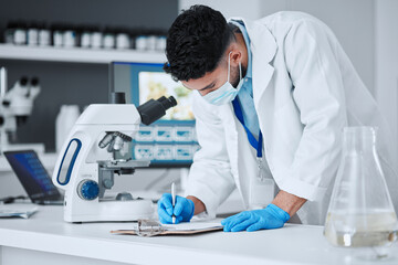 Aufkleber - Research, writing and science with man in laboratory for report, pharmacy and medical. Checklist, healthcare and medicine with scientist and clipboard for data chart, vaccine development and study