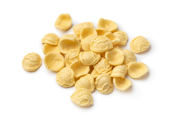 Wall Mural - Heap of uncooked Orecchiette pasta close up isolated on white background