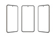 Small rounded phone with a small built-in camera in the display. Transparent screen and background for mockup, app presentation. Front, left and right position
