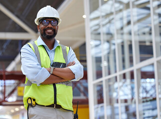 Poster - Portrait, architect and black man with arms crossed, smile or happy for construction. African engineer, glasses and confident contractor, worker or professional from Nigeria with pride for career.