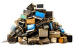 E-waste heap for recycling isolated on transparent background. PNG file, cut out.