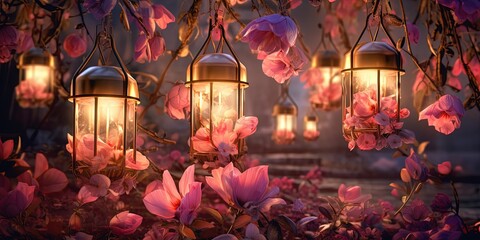 Wall Mural - fantasy enchanted garden atmosphere, lantern with pink flowers, Generative Ai