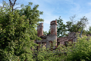 destroyed houses in an abandoned city without people in Ukraine