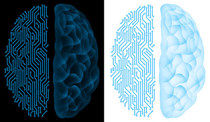 Poster - half circuit artificial intelligence brain and half human brain holographic blue neon glow brain top view transparent background