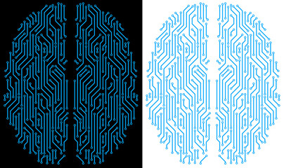 Poster - Artificial intelligence concept. Human brain with circuit board blue line Top view transparent background