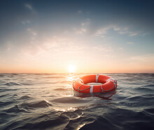 Lifebuoy Floating At Sea, Generative AI Illustration