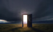 Light shining trough open door in field at night, Generative AI Illustration