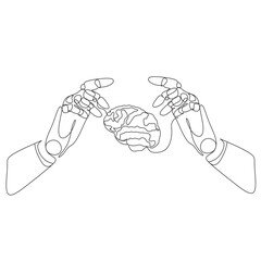 Continuous one line drawing Cyberbrain concept. Line art illustration of hands with a brain. 