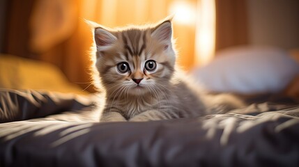 Wall Mural - soft focus cute tabby cat sitting in living room, Generative Ai