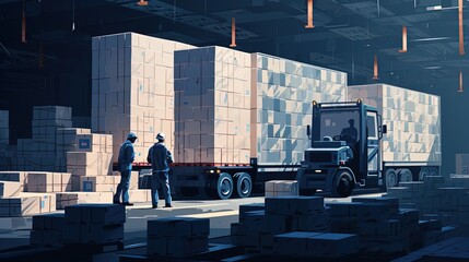 Wall Mural - illustration of labor workers working in warehouse, Generative Ai