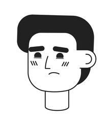 Poster - Unhappy caucasian young man monochrome flat linear character head. Editable outline hand drawn human face icon. Unsuccessful entrepreneur. 2D cartoon spot vector avatar illustration for animation